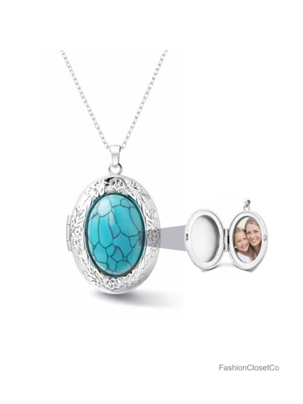 Turquoise Photo Locket Necklace for Mom, Vintage Keepsake, Silver-Tone, 16.5